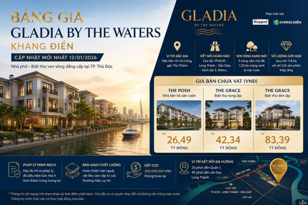 Bảng Giá Nhà Phố Biệt Thự Gladia By The Waters Khang Điền